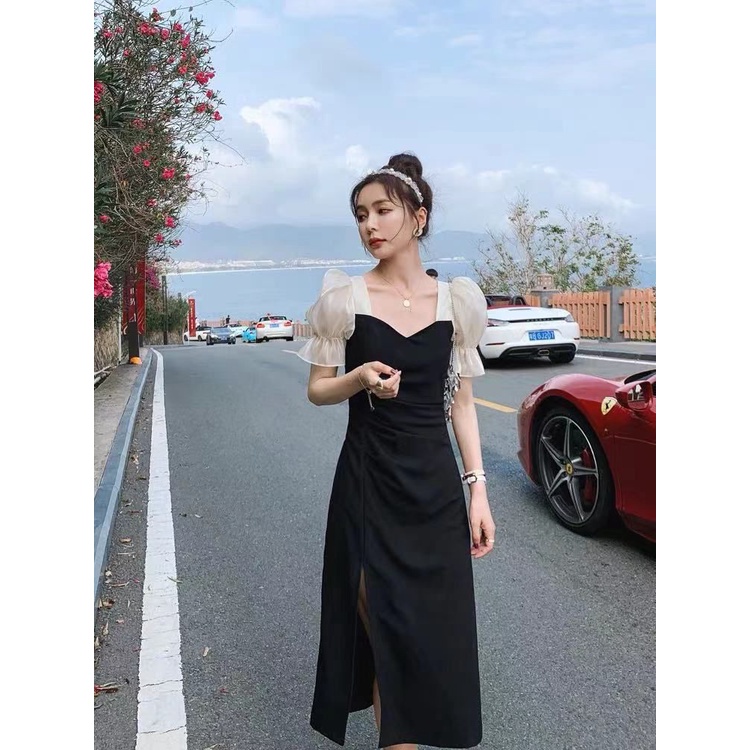 #53 Dress Wanita Korea Midi Long Dress Puffy Sleeves Motif Polos (M/L/XL)