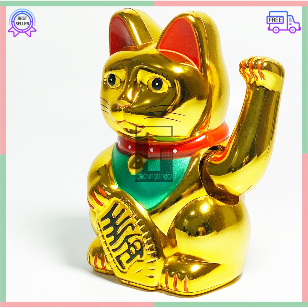 Boneka Hiasan Dekorasi Pajangan Patung Kucing Hoki Keberuntungan Lucky Cat Rejeki Maneki Neko Maneko Neki Emas Gold Tangan Gerak Goyang Baterai Batre Batrai Batrei Non Solar Listrik Jepang Cina China Meja Kasir Toko Size Ukuran Besar Kecil Sedang Medium