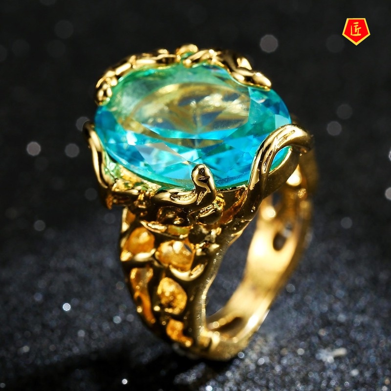 [Ready Stock]Fashion Elegant 18K Gold Blue Crystal Hollow Ring