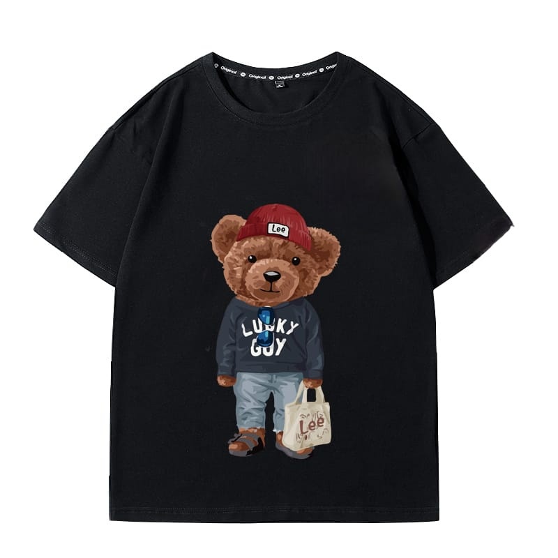 Baju Kaos Oversize Hitam Cute Bear Lengan Pendek Pria