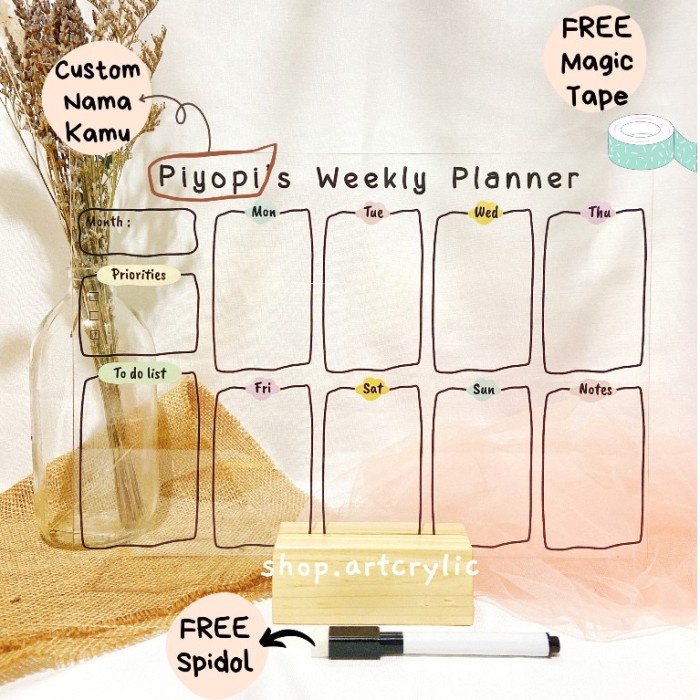 

(BISA COD) Custom Acrylic Weekly Planner / To do List / Monthly Planner - A5 = 15 x 21, Acrylic Only