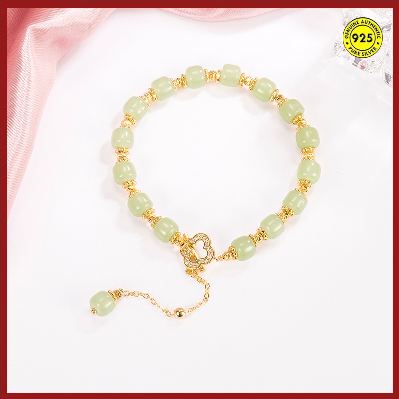 Gelang Tangan Manik-Manik Batu Jade Clover Lapis Emas 18K Untuk Wanita