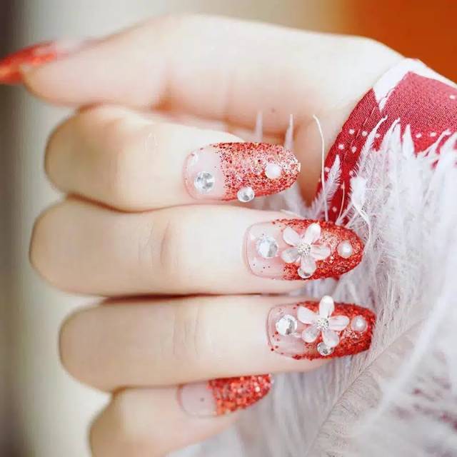 Wedding fake nail 3D Red rhinestone kuku palsu merah pernikahan