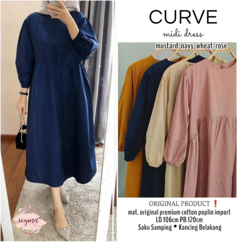curve midi dress katun poplin import cantik best seller kancing belakang
