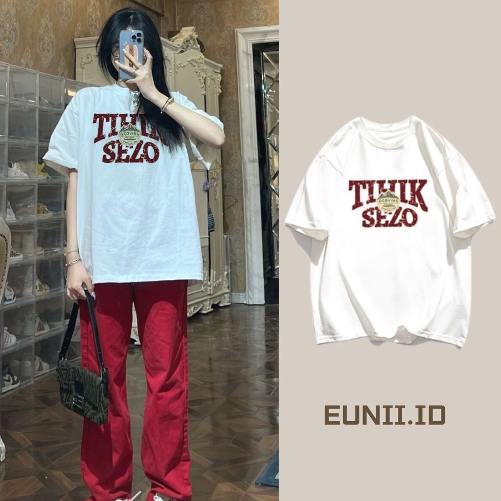 EUNII T-shirt Lengan Pendek Retro Pencetakan Longgar Korean Style/Kaos Atasan Wanita/Baju Kaus Oversize Wanita