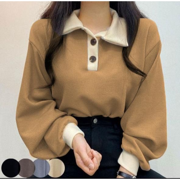 Sweater Wanita Collar Girl Sweater Kancing Polos Kerah Bahan Flecee