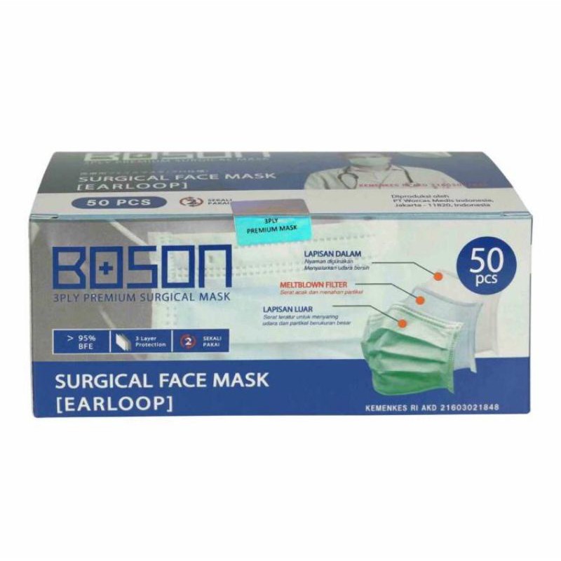 BOSON Surgical Mask Earloop ; Headloop 3 ply - Masker Medis isi 50 Lembar - TOSCA