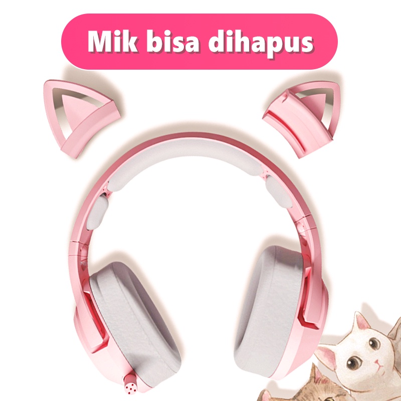 Onikuma K9 Pink Cat Ear Perempuan Headset Gaming dengan Mikrofon Pencahayaan RGB Cocok untuk Komputer Seluler Head-mount Subwoofer Headphone Kabel