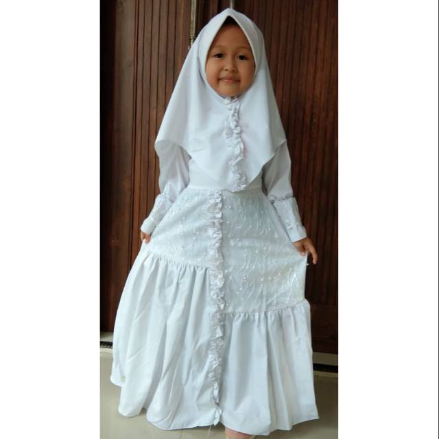 SET GAMIS SYARI ANAK KIDS BRUKAT BROKAT PUTIH WHITE MANASIK HAJI MAULUD CANTIK LUCU TOYOBO KHIMAR