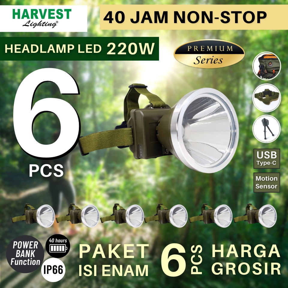 220W - Headlamp PAKET ISI 6 - HARVEST LIGHTING Senter Kepala LED Super Terang Lampu Emergency Travel Tambang Hunting Berburu Rechargeable Original Bergaransi