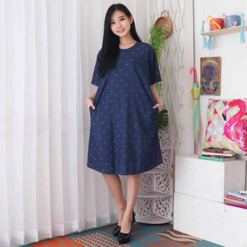 DRES TANGAN PENDEK BAHAN JEANS POLKADOT BAHAN ADEM