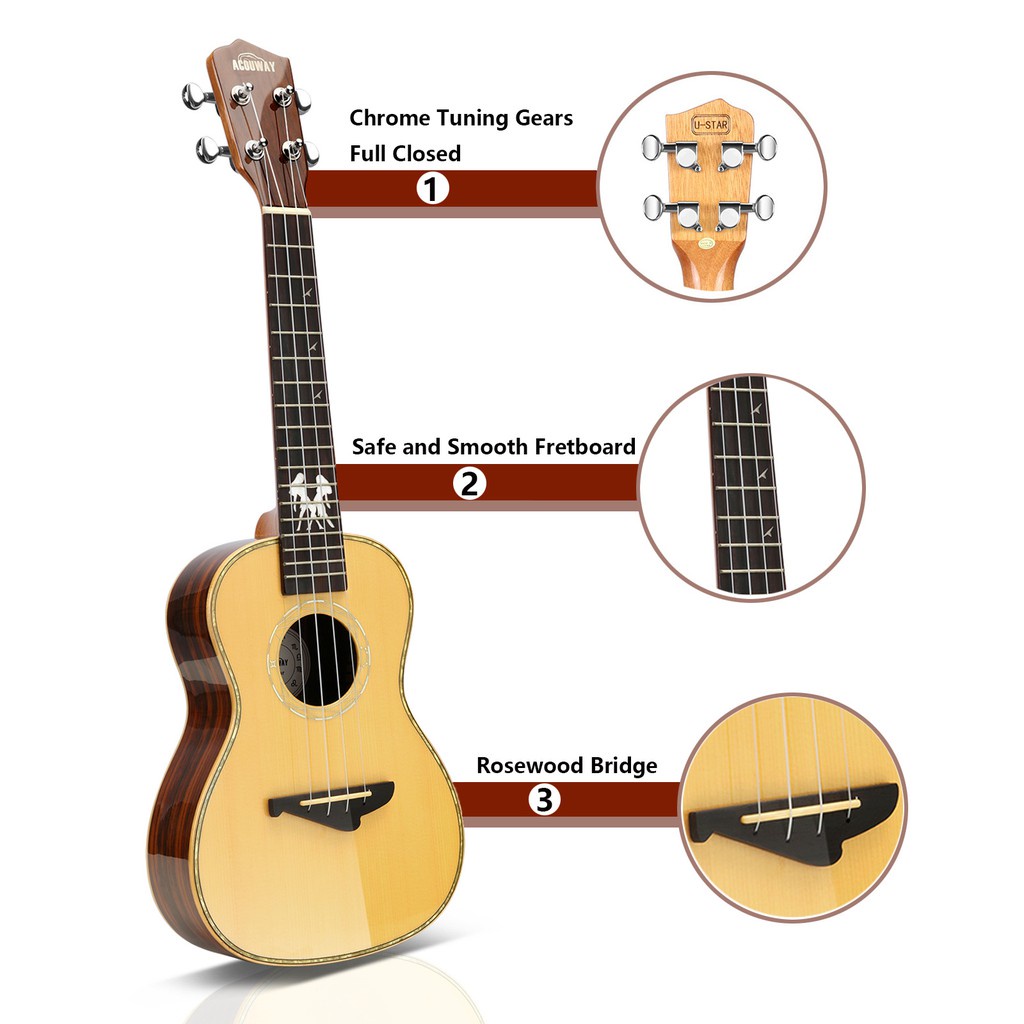 Acouway 24 inch Concert ukulele with 12 zodiac tatoo solid spruce top rosewood side &amp; back Clear glossy finish  with free bag and zodiac necklace birthday holiday gift  for virgo cancer leo gemini friend