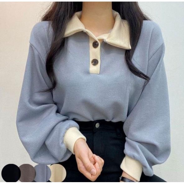 Sweater Wanita Collar Girl Sweater Kancing Polos Kerah Bahan Flecee