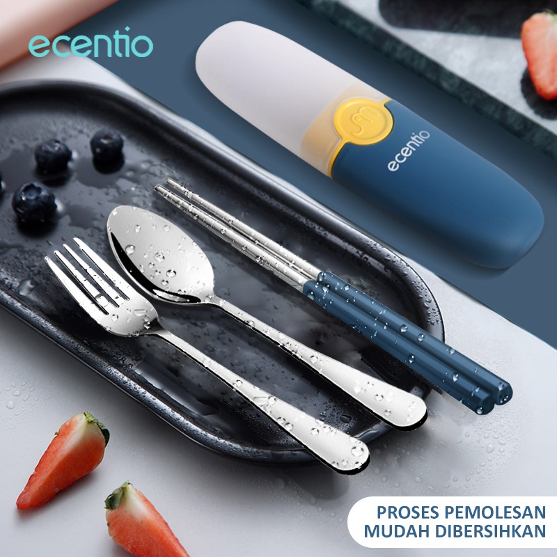 ecentio &amp; FOODI  stainless Sendok sumpit garpu set dengan portabel PP kotak alat makan 3pcs peralatan makan biru Cutlery Set