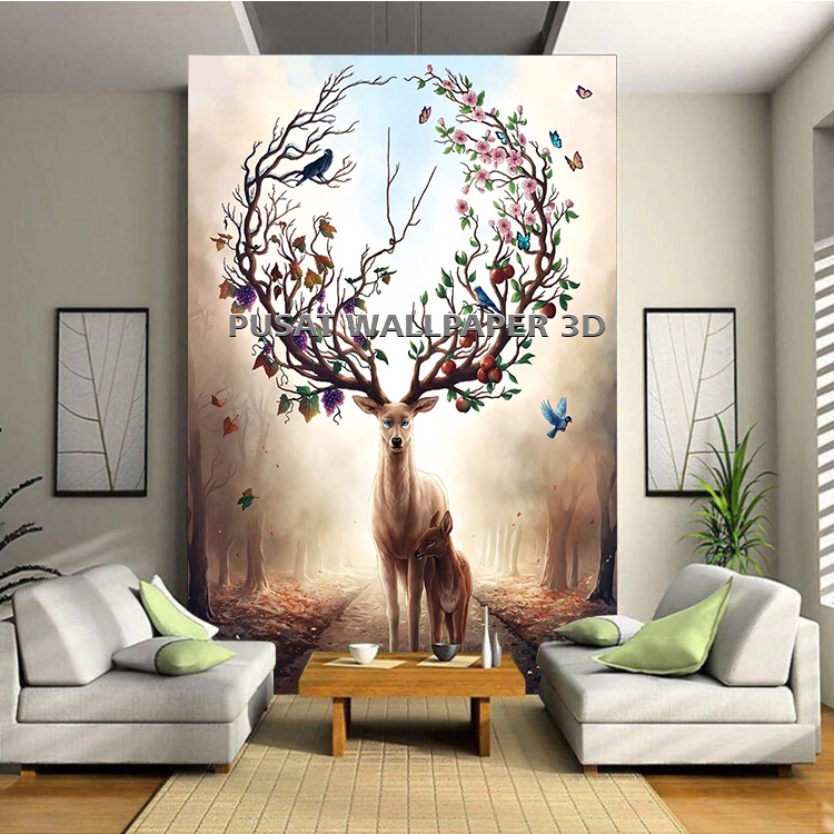 wallpaper custom ruang tamu mewah visual 3D motif rusa,wallpaper custom kamar mewah