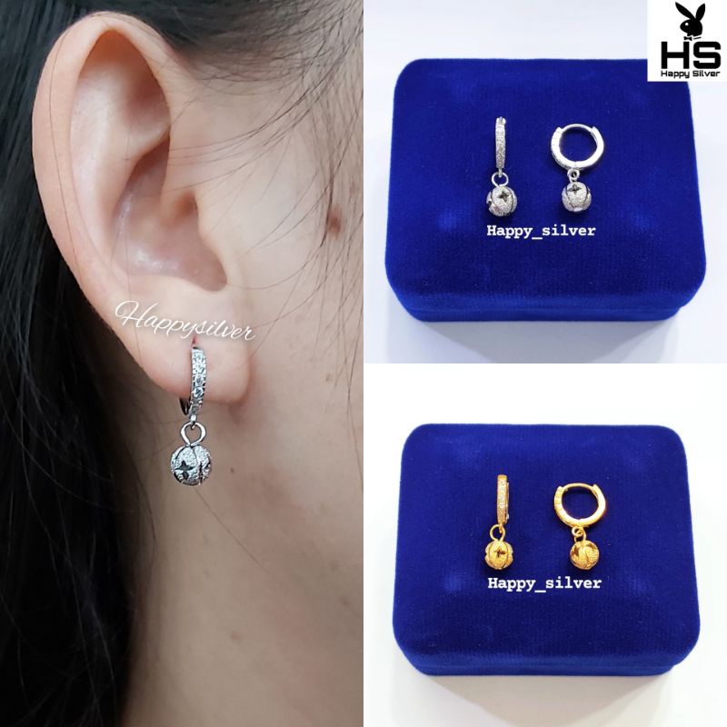 ANTING PERAK ASLI SILVER 925 LAPIS EMAS MODEL JEPIT GANTUNGAN BOLA UKIR PASIR