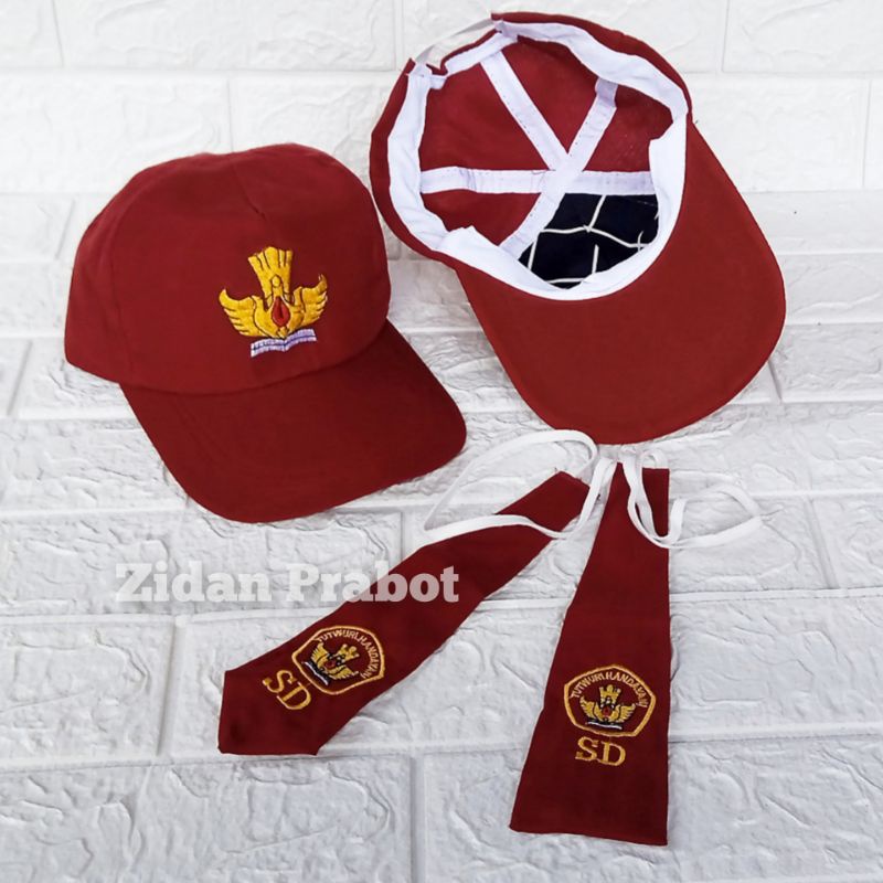 Topi Merah SD Bordir / Topi Sekolah Dasar Bordir / Dasi Anak SD Bordir
