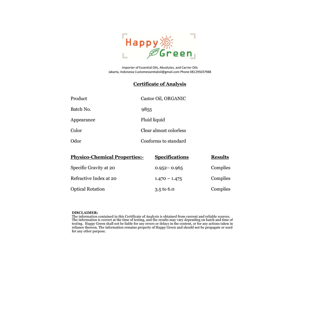 HAPPY GREEN ORGANIC Castor Oil  - Minyak Jarak ORGANIK Murni