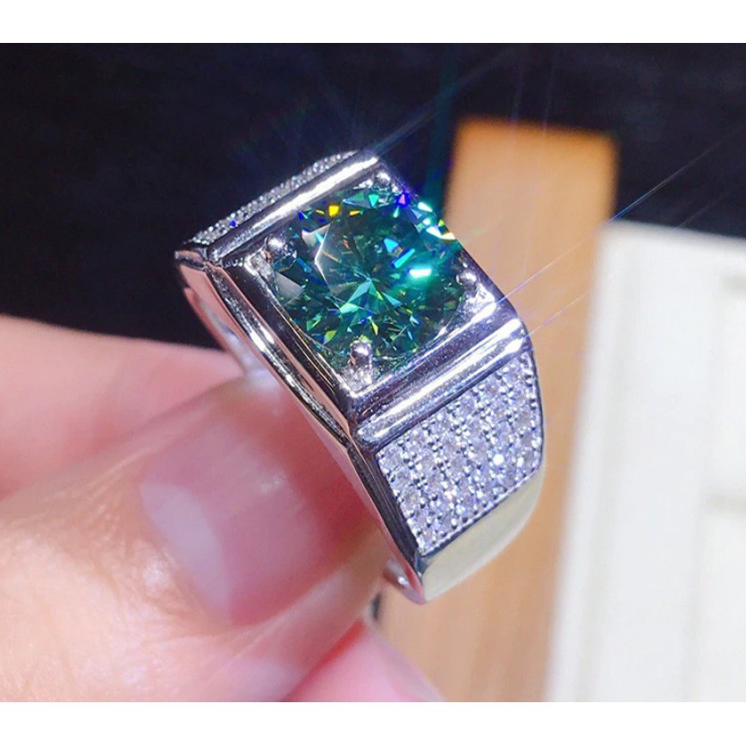 Cincin Perak 925 Filled Created Green Blue Moissanite Adjustable