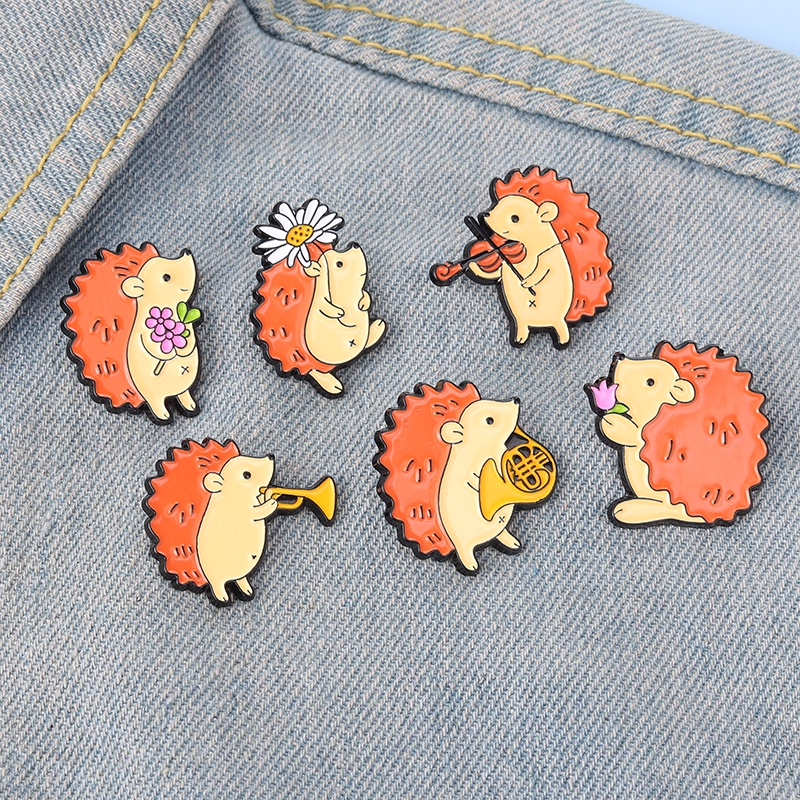 6 Styles Cartoon Hedgehog Enamel Pin Hedgehog Musician Cute Badge Brooch Lapel Pin Animal Jewelry Gifts