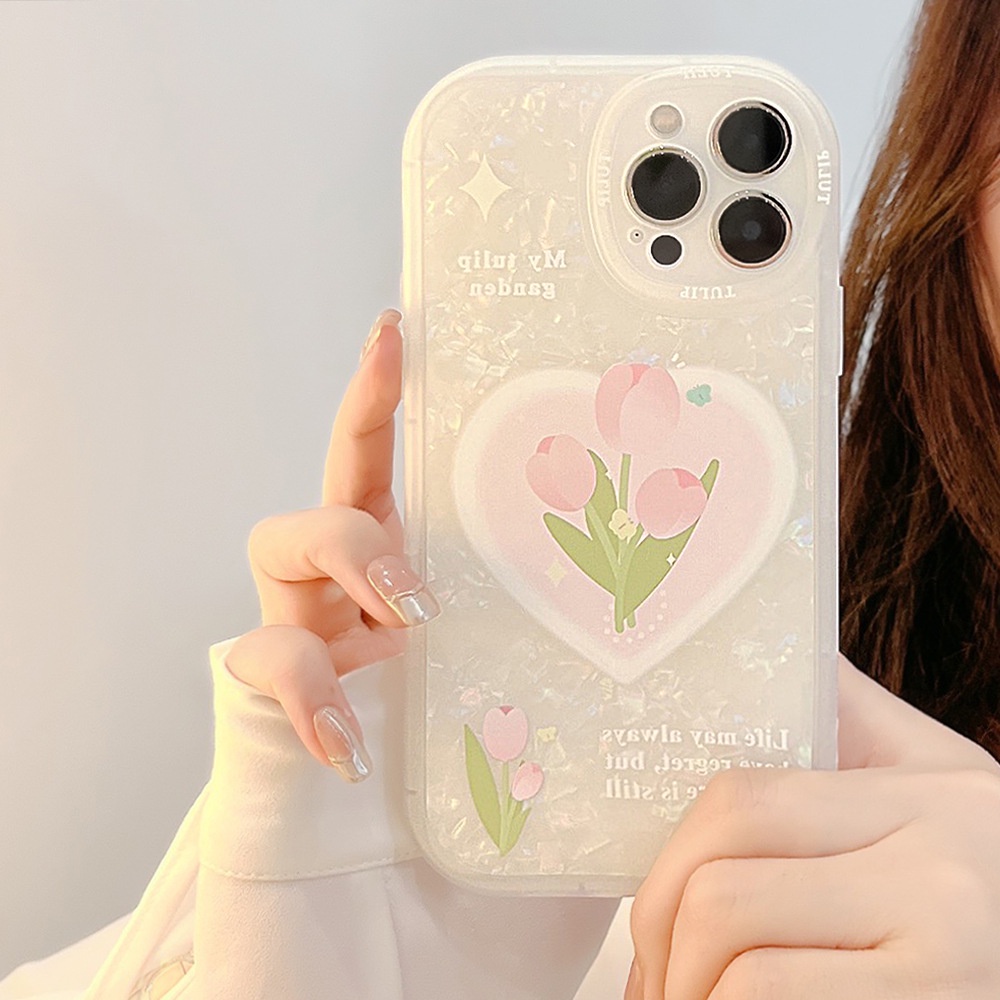 Shell Pattern Love Heart Pink Tulip Anti-fall Phone Case Cover for Iphone 7 8 PLUS X XR XS 11 12 13 14 MINI PRO MAX SE 2020