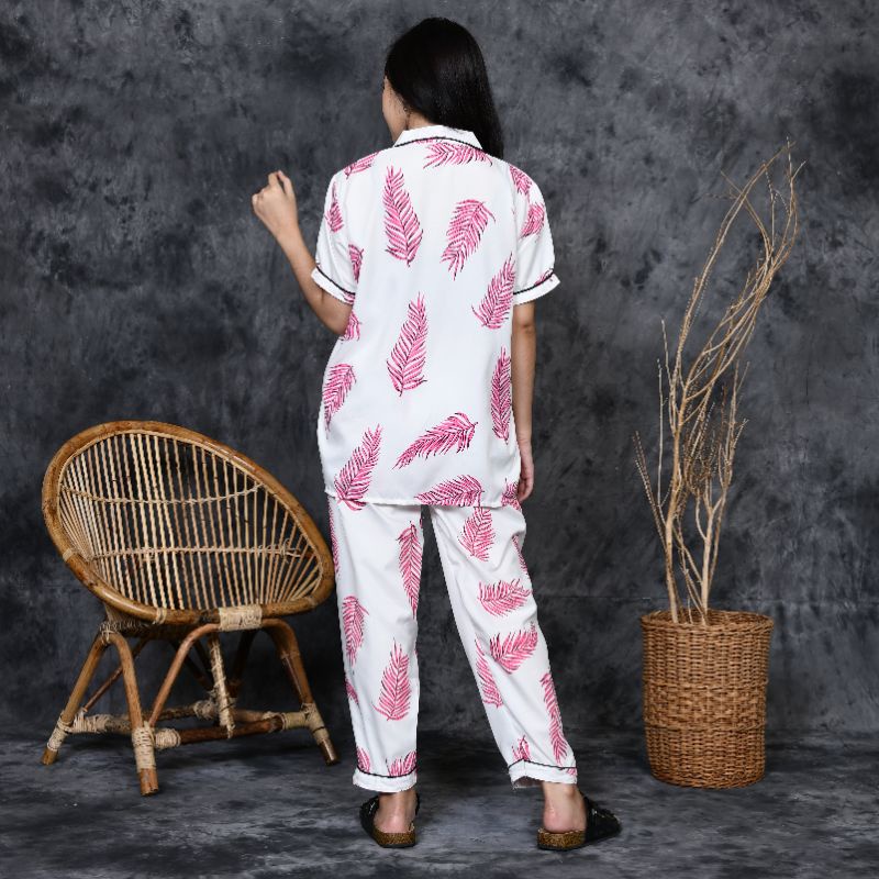 Baju Tidur Piyama Wanita Dewasa Motif Mocca Daun CP Lengan Pendek Celana Panjang Kekinian