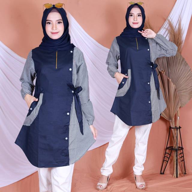 Tunik Dewasa Katun Stretch Kombinasi Kotak Variasai Kancing / Tunik Terbaru / Baju Tunik Wanita