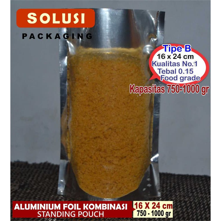 

KEMASAN STANDING POUCH ALUMINIUM FOIL KOMBINASI TIPE B 16X24 CM / PLASTIK KLI
