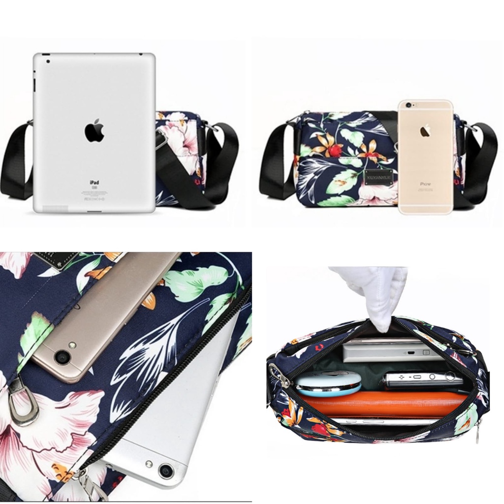 TAS IMPORT SELEMPANG KEKINIAN WANITA 3 RESLETING CAUCA ANTI AIR KOREA MOTIF TA548M4 BUNGA CEWEK SLING BAG KECIL REMAJA PREMIUM BRANDED BATAM MURAH