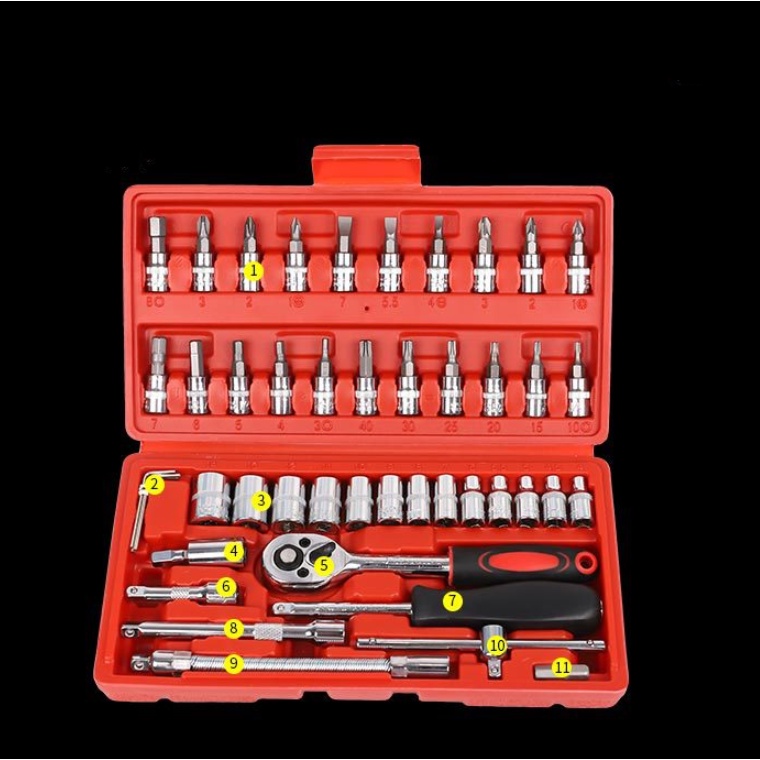 Set Kunci Sok Kunci Shock 46 pcs Mobil Motor Lengkap Socket Tool Kit Pas Ring L Motor Mobil-Merah