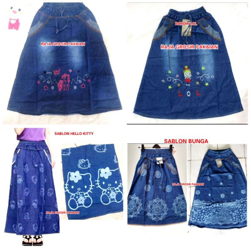 Rok Jeans Anak Tanggung  9-16 Tahun Motif Hello Kitty-Kuda Poni-Lol Dan Bunga