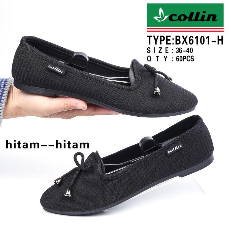 Sepatu wanita colin balet flat shoes kain perempuan hitam kekinian 2022-Hitam garis (6101)