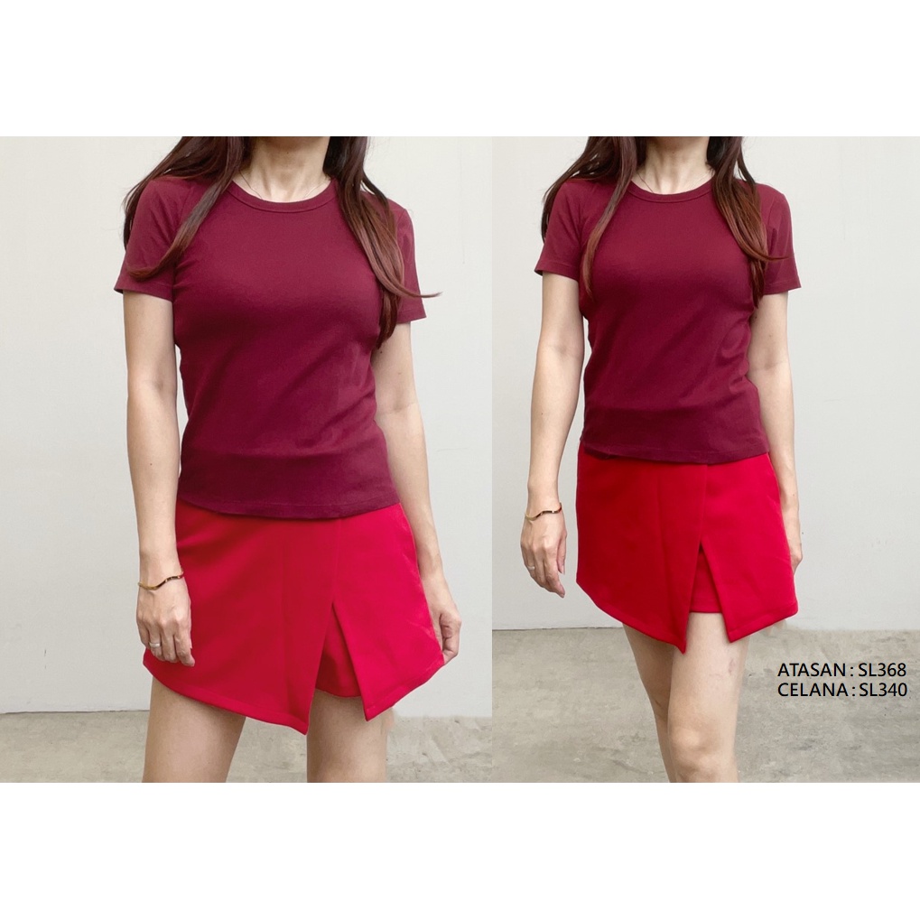 SL368 - Atasan Short Sleeves Maroon Wanita Basic Cotton Stretch Adem