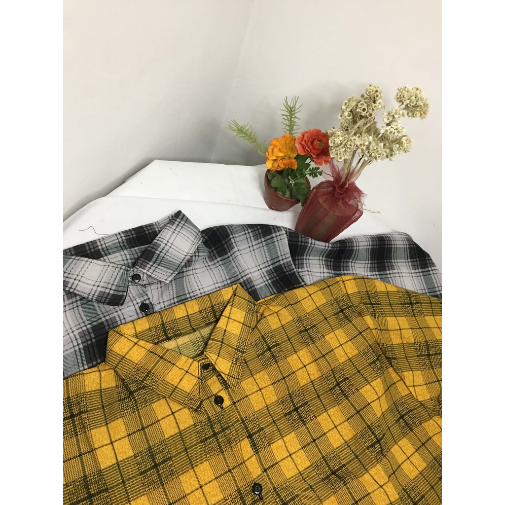 BLOUSE KEMEJA TARTAN LENGAN BALON PINGKU KOREAN STYLE