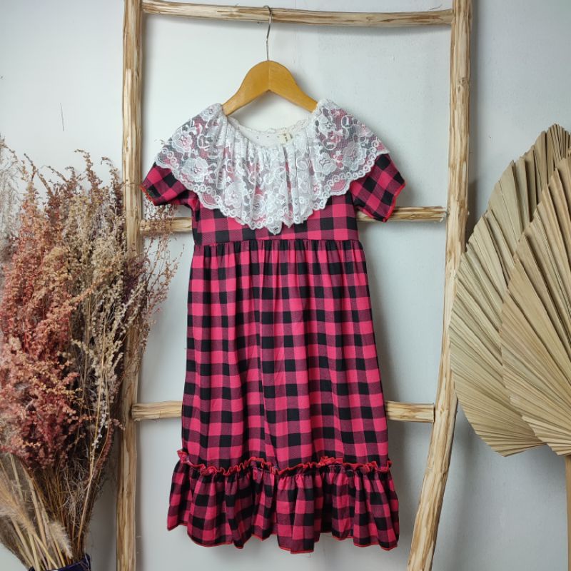 Dress Anak Perempuan Kotak-Kotak Kerah Renda 3-6 Tahun