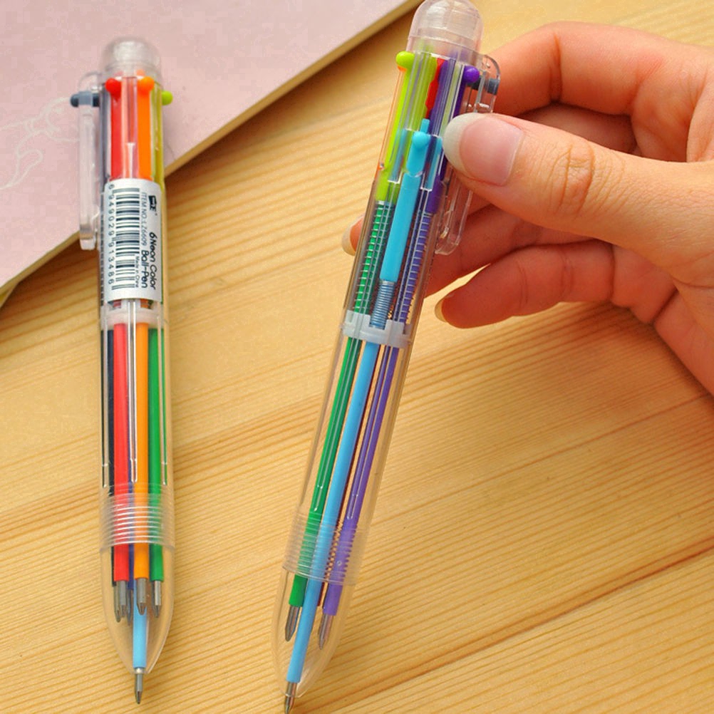 Pulpen 6 In 1 Warna Warni / Biru / Hitam untuk Stationery Sekolah / Kantor