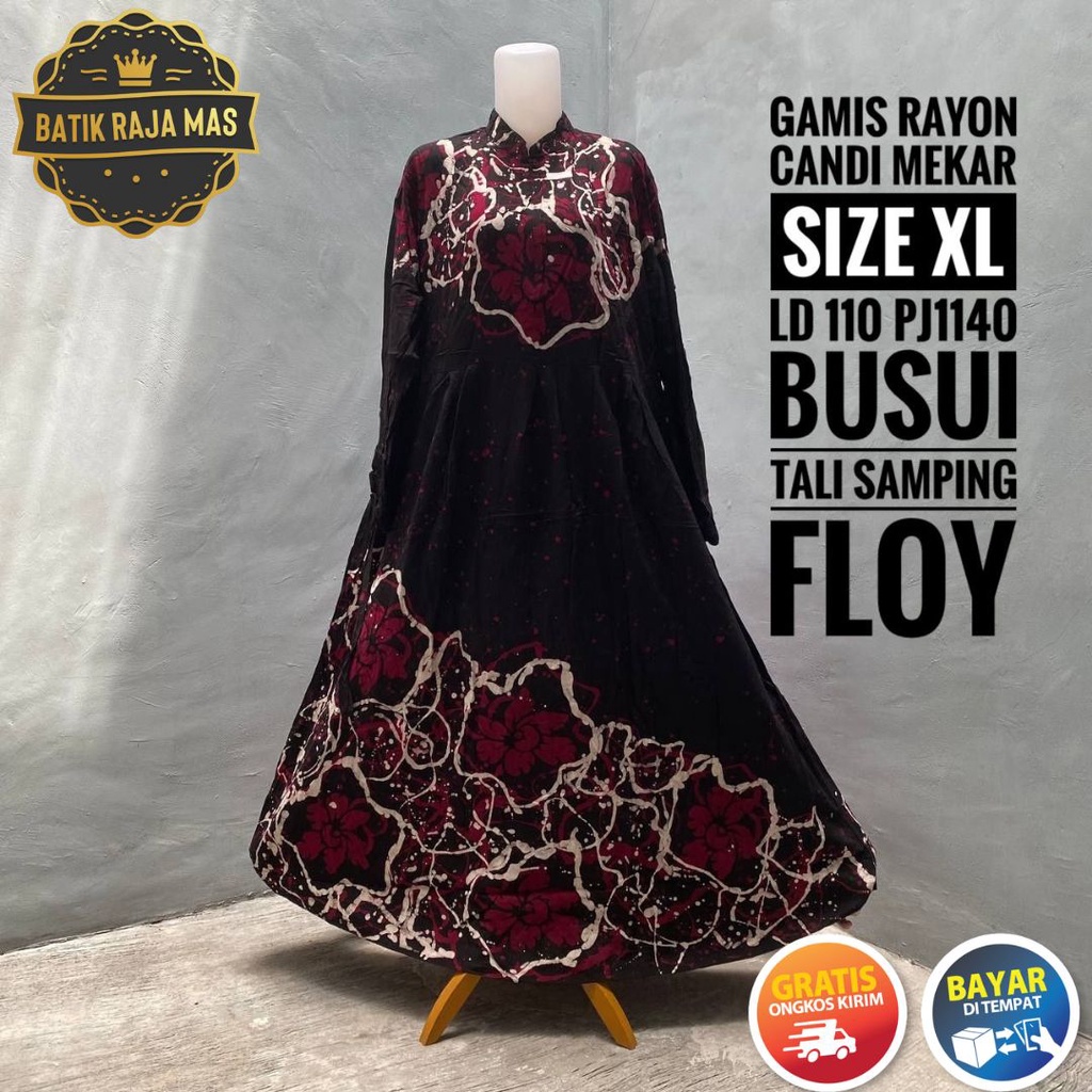Gamis Rayon Twill Ori Pekalongan Motif Batik Abstrak Busui Resleting Depan Tali Samping Syari Raya L