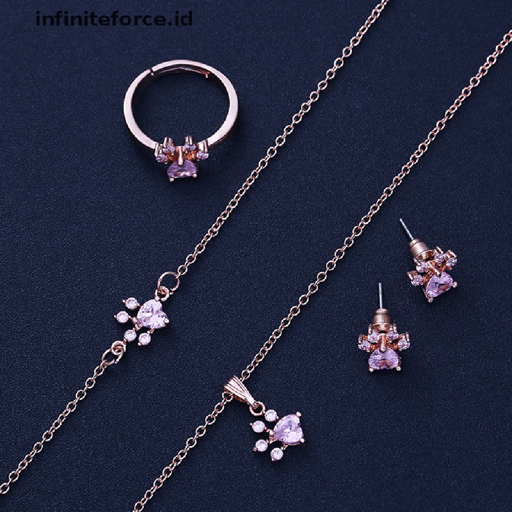 Infiniteforce.id 4pcs / Set Kalung + Gelang + Cincin + Anting Tusuk Motif Telapak Kaki Anjing Aksen Kristal Untuk Wanita