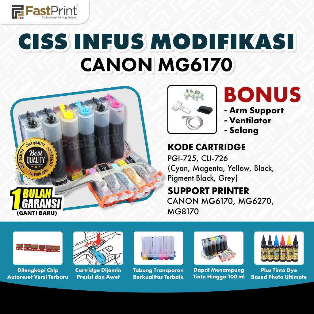 Fast Print CISS Infus Modifikasi Canon MG6170, MG6270, MG8170 Plus Tinta