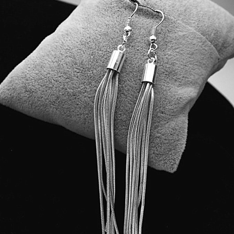 Anting Gantung Panjang Lapis Silver Model Rantai Rumbai Untuk Wanita