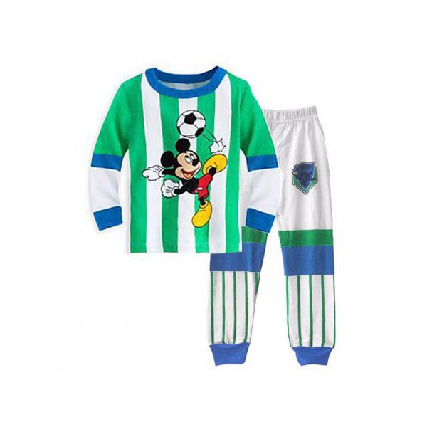 Piyama Mickey Mouse Warna Hijau Strip Putih Baju Tidur Anak Laki-laki Thema Sepak Bola Baju Impor