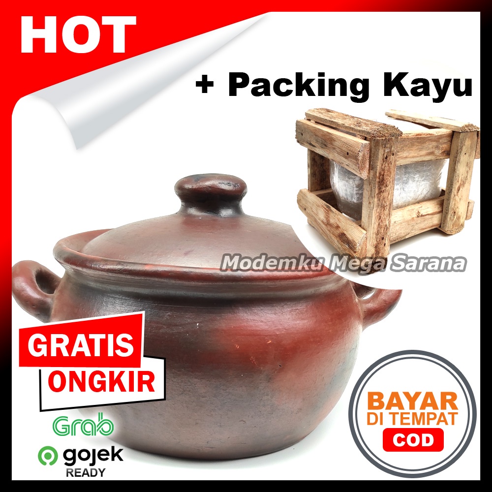 Kendil Gerabah Panci Masak Rebus Jamu Tanah Liat 18cm + Packing Kayu