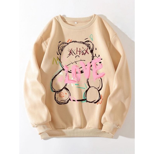 SWEATER BASIC LOVE BEAR - SWEATER WANITA GAMBAR TEDY BEAR - CREWNECK SWEATER OVERSIZE WANITA