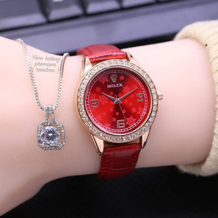 JAM TANGAN WANITA ROLEX MURAH KULIT FREE KALUNG ORIGINAL ANALOG CEWEK ADA 5 WARNA