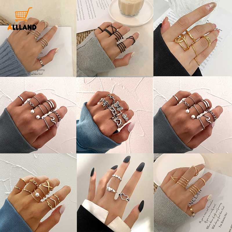 Set Perhiasan Cincin Knuckle Wanita Bentuk Geometris Aksen Mutiara Gaya Boho Untuk Pesta Pernikahan