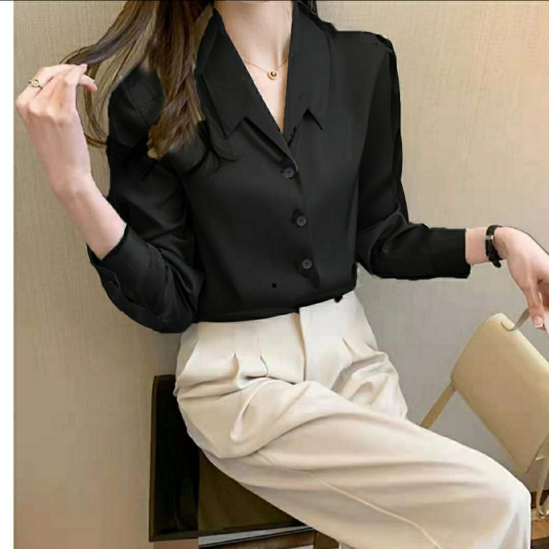 MDLV ~ 2310 Chellumia Notched Collar Shirt Premium Kemeja Korean style Kemeja Premium Kemeja Import Kemeja Satin Kemeja Lengan Panjang Kemeja Casual Fashion Import