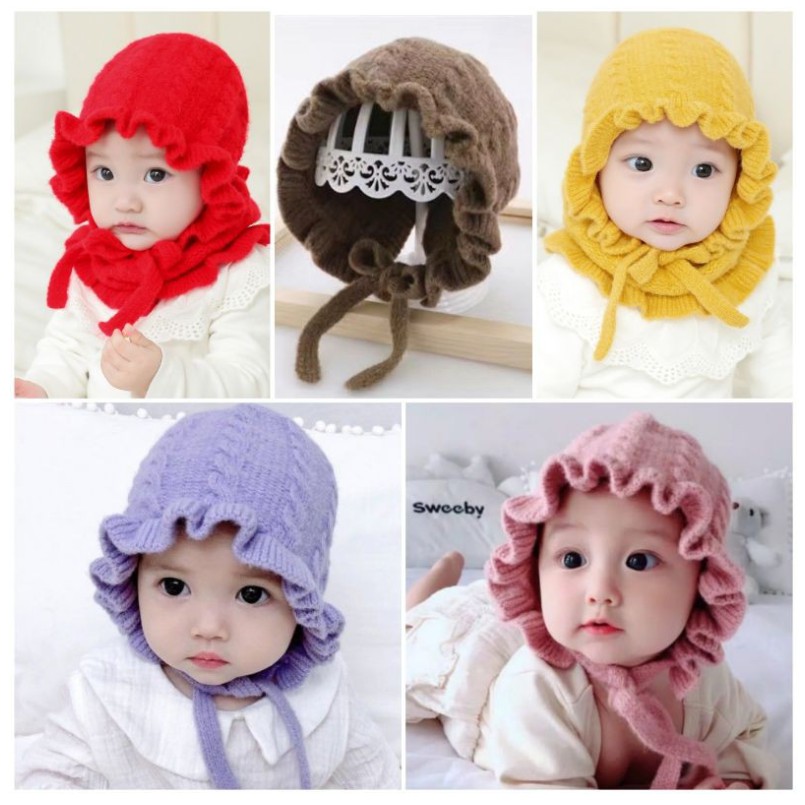 Topi Kupluk Rajut Casual Handmade Aksen Bonet Bonnet Ruffle untuk Bayi Perempuan Usia 0-3Tahun VC