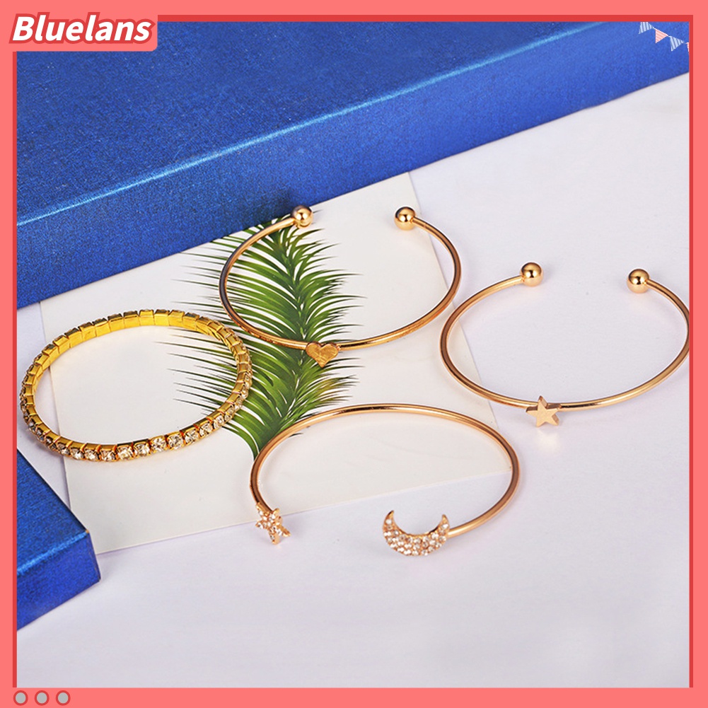 4pcs / Set Gelang Bangle Desain Bulan Bintang Hati Aksen Berlian Imitasi Untuk Wanita
