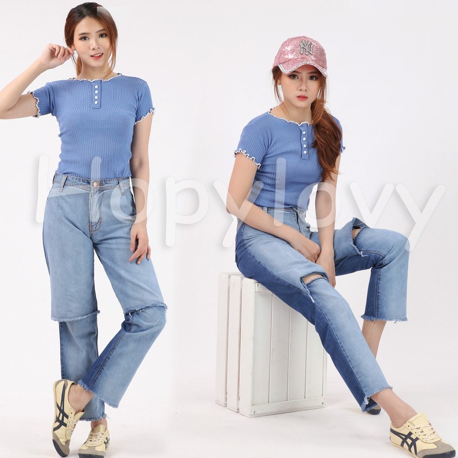 HOPYLOVY - Celana Boyfriend Jeans Wanita Two Tones Model Sambung Bawah Aneira