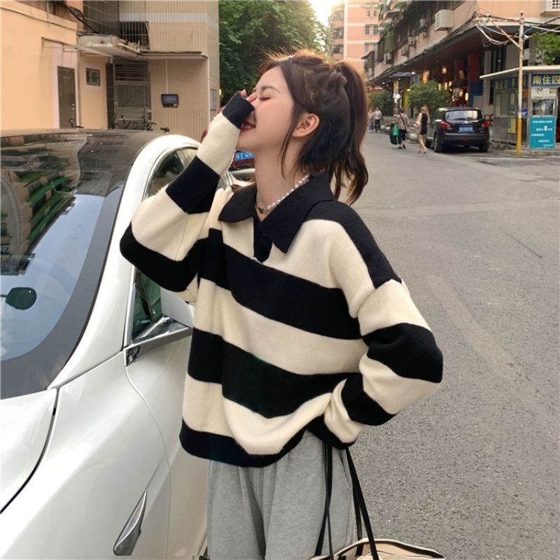 Tasha Polo Blouse Knit Import Striped - Blouse Rajut Kerah Polo Salur Tangan Panjang TM (8K31)